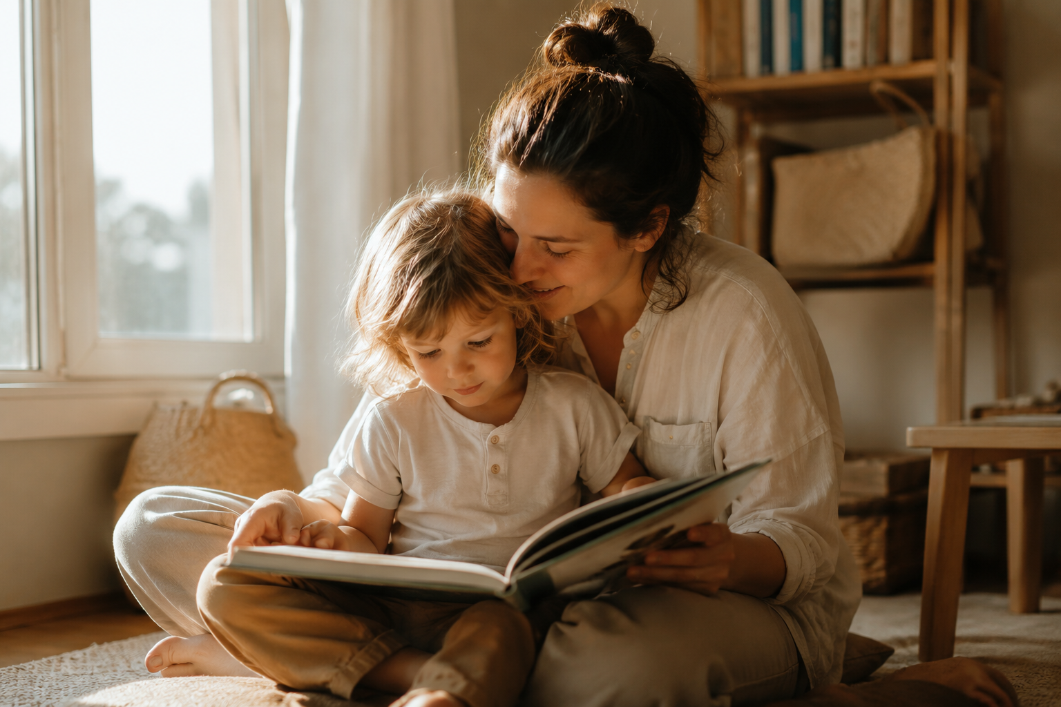Madre leyendo un libro junto a su hijo en un ambiente cálido y luminoso