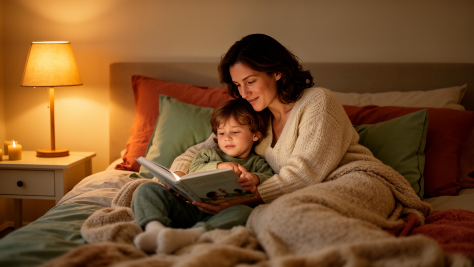 Madre e hijo leyendo un cuento juntos a la luz cálida de la noche, creando recuerdos en familia