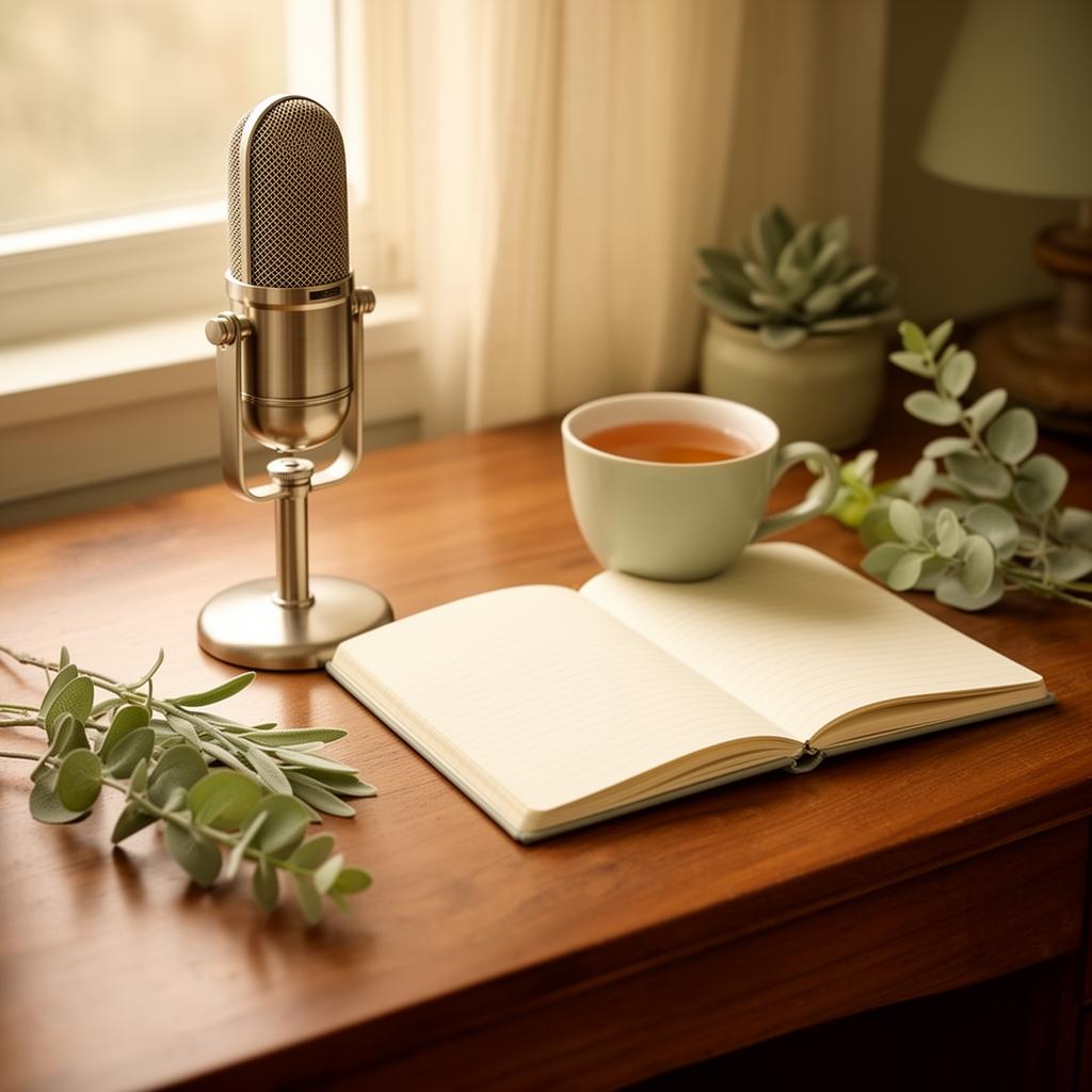 Micrófono de podcast en un ambiente cálido