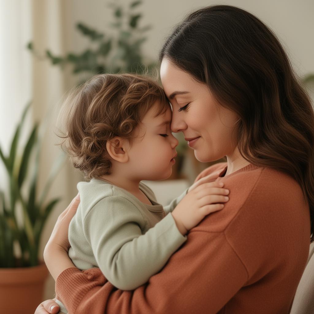Madre abrazando a su hijo en casa